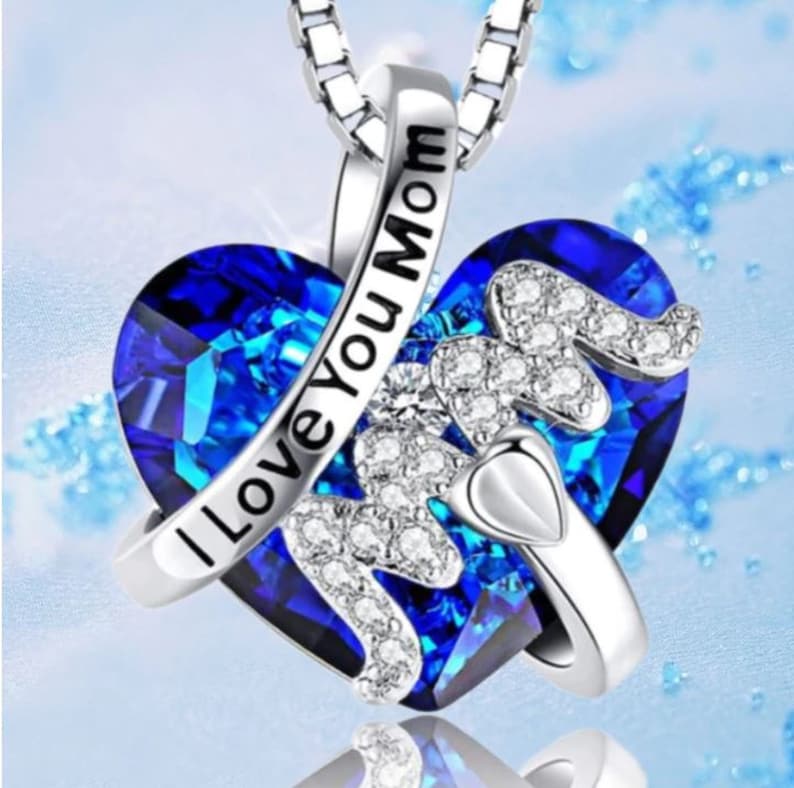 I Love You Mom Crystal Pendant Necklace Blue Silver Heart Love Romance Girlfriend Wife Partner Lover Mom Mum Mother Mothers Day X1037BS image 1