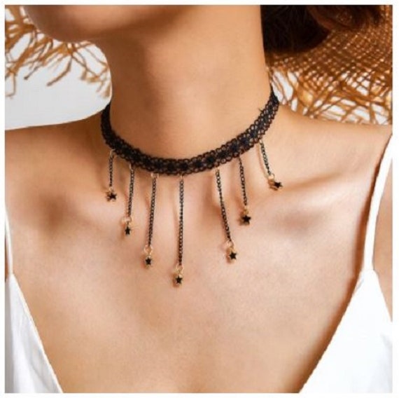 Black Star Drop Lace Tassel Choker Necklace 14532 Etsy