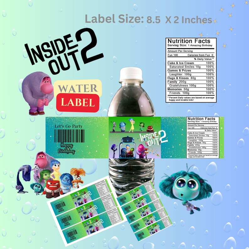 Inside Out 2 Water Bottle Label. size 8.5 X 2 Inches Etsy