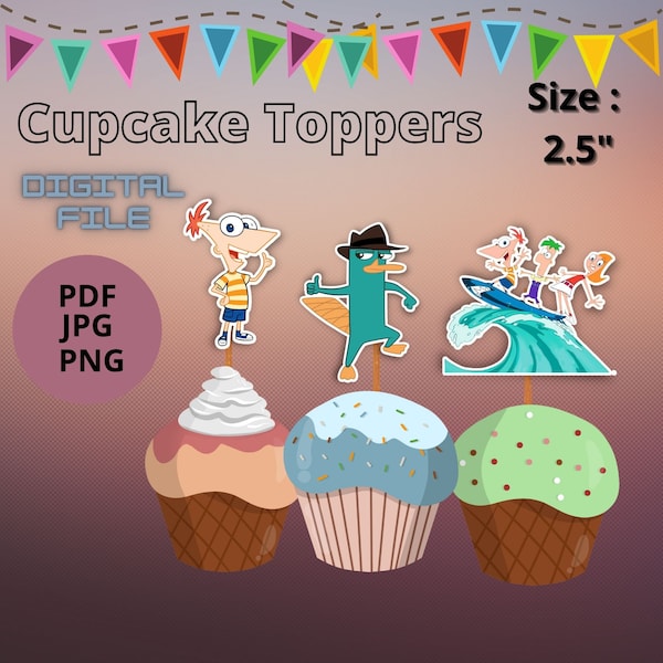 Phineas and Ferb Cup Cake Toppers, Cake Toppers, Decoration, party decoration, Instant Download Digital File