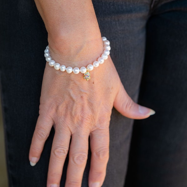 Bracelet en perles naturelles, cloche en argent et zircons multicolores, bracelet de mariée, bracelet de mariée