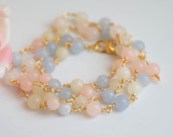 Collana a rosario in giada naturale rosa, azzurro e grigio, collana decollete'