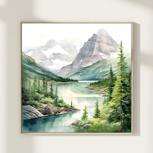 Glacier National Park Art Print, Glacier Watercolor Art Decor, National Park Poster, Montana Wall Art, Square Painting Print, Gift