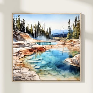 Yellowstone National Park Watercolor Art Print Geysers Painting Wyoming Landscape US Travel Poster Home Decor Gift