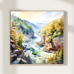 New River Gorge National Park Travel Poster, West Virginia USA Watercolor Art Print, Square Wall Art, Home Decor Gift