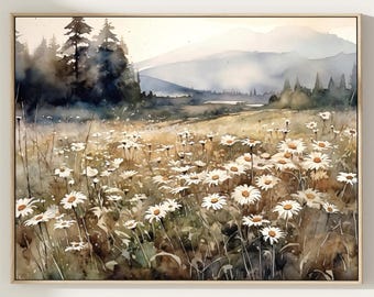 Daisy Field Watercolor Print, Wildflower Meadow Wall Art, Cottagecore Botanical Home Decor