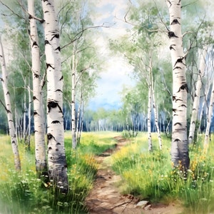 Aspen Landscape Watercolor Trees Art Print Birch Forest Painting Summer Forest Path Wall Art Rustic Wall Decor