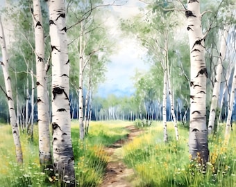 Aquarel kunstprint van een berkenbos: schilderij van een esdoornlandschap