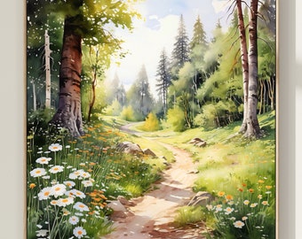 May include: A square framed wall art print depicting a sunlit forest path winding through tall trees. The foreground features a dense cluster of white daisies and small orange wildflowers. Sunlight filters through the green canopy above.