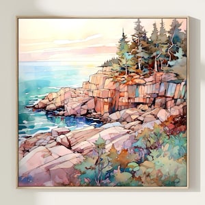 Acadia National Park Painting Maine Landscape Art Print Square Watercolor Painting Poster Home Decor Gift Art