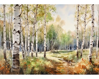 Birch Forest Painting Aspen Landscape Watercolor Fall Trees Art Print Autumn Forest Scene Wall Art Rustic Wall Decor
