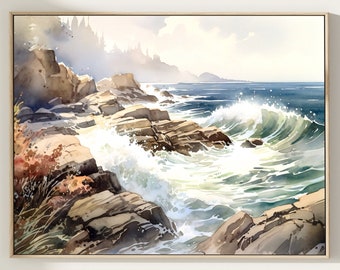 May include: A framed watercolour painting depicting a rugged coastline with dark brown rocks, crashing white sea foam, and deep blue ocean waves. The scene features soft, hazy light over a distant shoreline with muted orange and brown coastal vegetation.