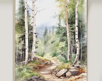 May include: A vertical watercolor painting depicting a forest path lined with tall white birch trees. The scene features soft green foliage, scattered grey rocks along the trail, and a hazy, light-filled background with distant trees.