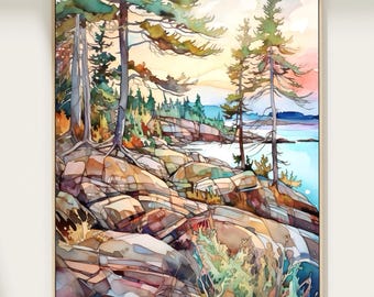 Acadia National Park Painting Maine Landscape Art Print Large Watercolor Painting Poster
