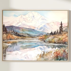 Pintura de acuarela, impresión de Denali, póster del parque nacional, impresión artística grande, arte de pared de Alaska, arte de regalo para decoración del hogar
