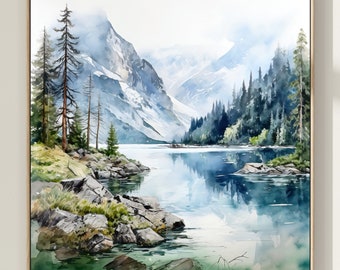 Mountain Lake Watercolor Painting Nature Square Print Green Blue Wall Art Neutral Landscape Poster