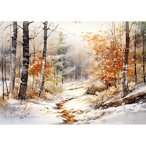 Impresión artística de pintura de acuarela de primera nieve, arte de pared grande de bosque de invierno, póster de paisaje de invierno, arte de regalo de decoración del hogar