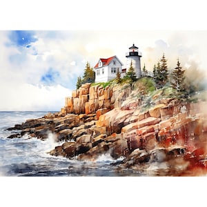 Acadia National Park Print, Maine Watercolor Art Decor, National Park Poster, Acadia Watercolor Wall Art, Bass Harbor Head Light Station