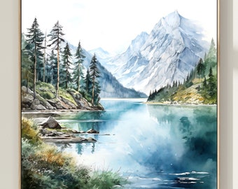 Mountain Lake Watercolor Painting Nature Square Print Green Blue Wall Art Neutral Landscape Poster