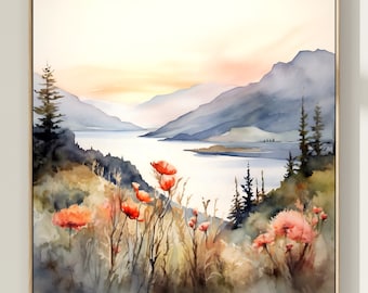 Columbia Gorge Watercolor Painting Mountain River Art Print Wildflowers Landscape Poster Home Decor Gift Art