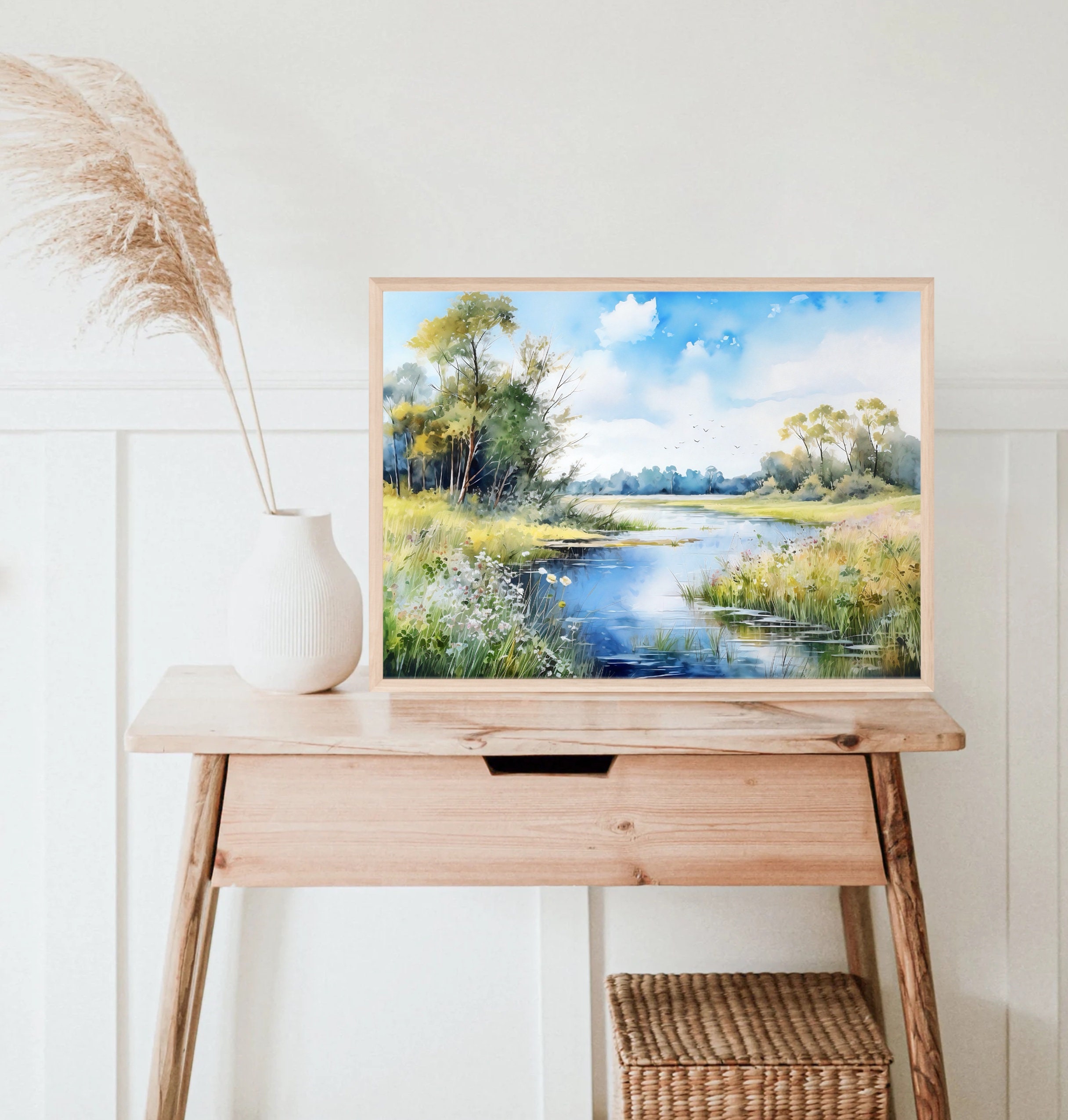 River Landscape Watercolor Print: Panoramic Greenery Art - Etsy