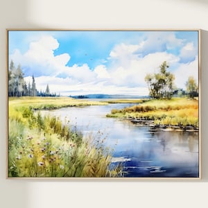 River watercolor landscape print large painting green poster panoramic landscape flowers painting fine art print home decor gift