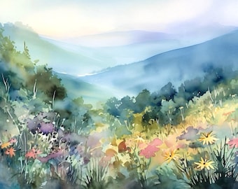 Blue Ridge Mountains Watercolor Art Print: North Carolina Landscape