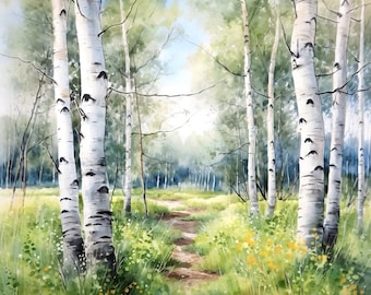Aquarel kunstprint van een berkenbos: landschap met esdoornbomen