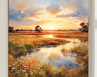 Sunset River Landscape Art Print: Watercolor Meadow Painting