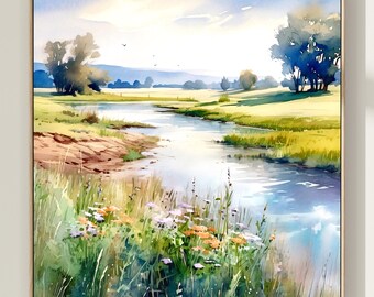 River watercolor landscape print, Square painting, Green poster, Panoramic landscape, flowers painting fine art print, Square Wall Art