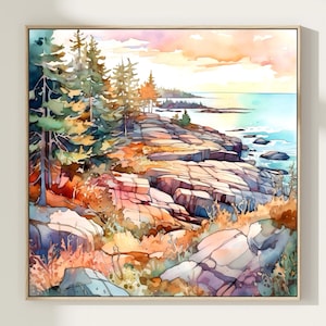 Acadia National Park Painting Maine Landscape Art Print Square Watercolor Painting Poster Home Decor Gift Art