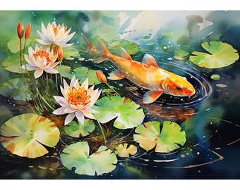 Koi Fish Watercolor Painting: Japanese Wall Art Print