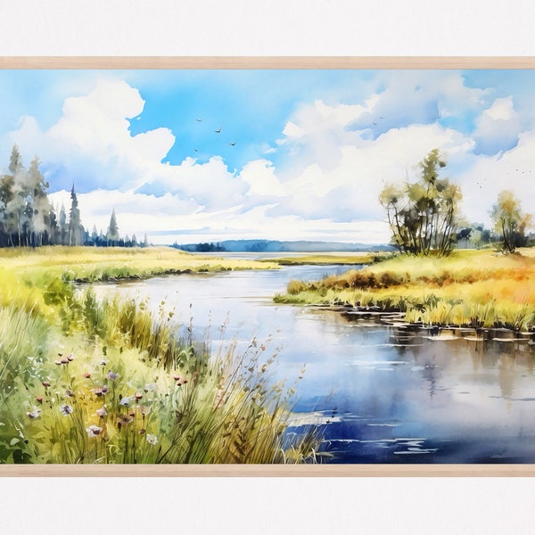 River watercolor landscape print large painting green poster panoramic landscape flowers painting fine art print home decor gift