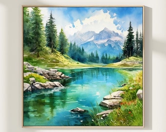 Mountain river watercolor realistic wall art panoramic landscape minimalist wall art mountains painting square realistic nature art print