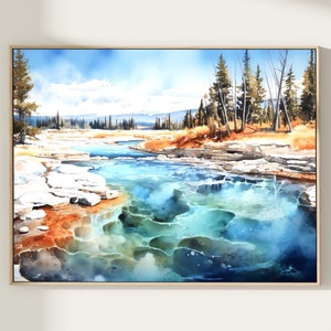 Yellowstone National Park Watercolor Art Print Geysers Painting Wyoming Landscape US Travel Poster Home Decor Gift
