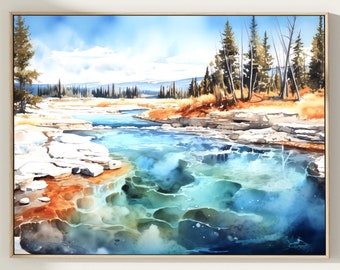 Aquarelprint Yellowstone National Park: landschapskunst Wyoming