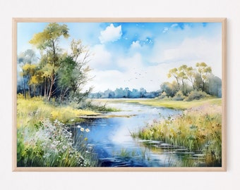 River watercolor landscape print large painting green poster panoramic landscape flowers painting fine art print home decor gift