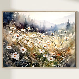 Wildflower Field Landscape Painting Print, Vintage Style Farm House, Country Daisy Field Landscape Watercolor Painting Wall Art, Gift