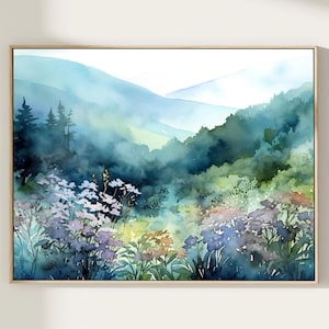 Blue Ridge Mountains Watercolor North Carolina Landscape Wildflowers Painting Appalachian Highlands Artwork Nature Wall Art Gift Ideas