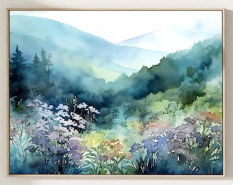 Pode incluir: Uma pintura de paisagem emoldurada apresentando uma cena em aquarela de montanhas onduladas em tons de azul e verde. O primeiro plano exibe um campo de flores silvestres em tons suaves de roxo, branco e amarelo, com coníferas escuras.