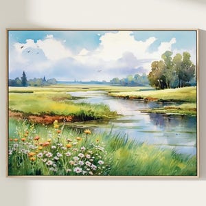 River watercolor landscape print large painting green poster panoramic landscape flowers painting fine art print