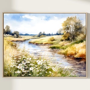 Watercolor Landscape Painting Art Print, Country Landscape Wall Art