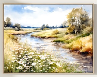 May include: A framed watercolor landscape painting featuring a winding river flowing through a grassy meadow. The foreground is filled with white daisy flowers and tall green grasses, while the background shows rolling hills and trees.
