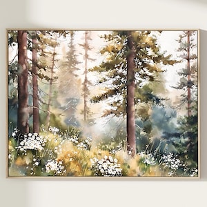 Stampa artistica di paesaggio con pineta, decorazione per la casa in stile bosco, stampa murale con alberi sempreverdi, regalo per gli amanti della natura, poster della foresta, dipinto ad acquerello
