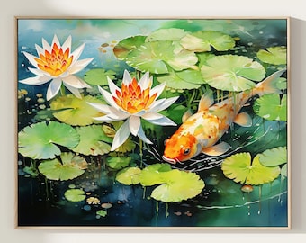 Koi Fish Watercolor Painting: Japanese Wall Art Print
