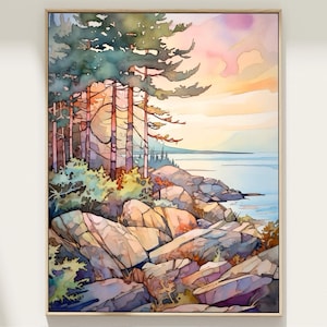 Acadia National Park Painting Maine Landscape Art Print Large Watercolor Painting Poster