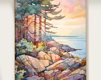 Acadia National Park Painting Maine Landscape Art Print Large Watercolor Painting Poster