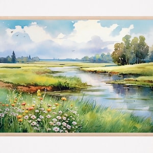 River watercolor landscape print large painting green poster panoramic landscape flowers painting fine art print