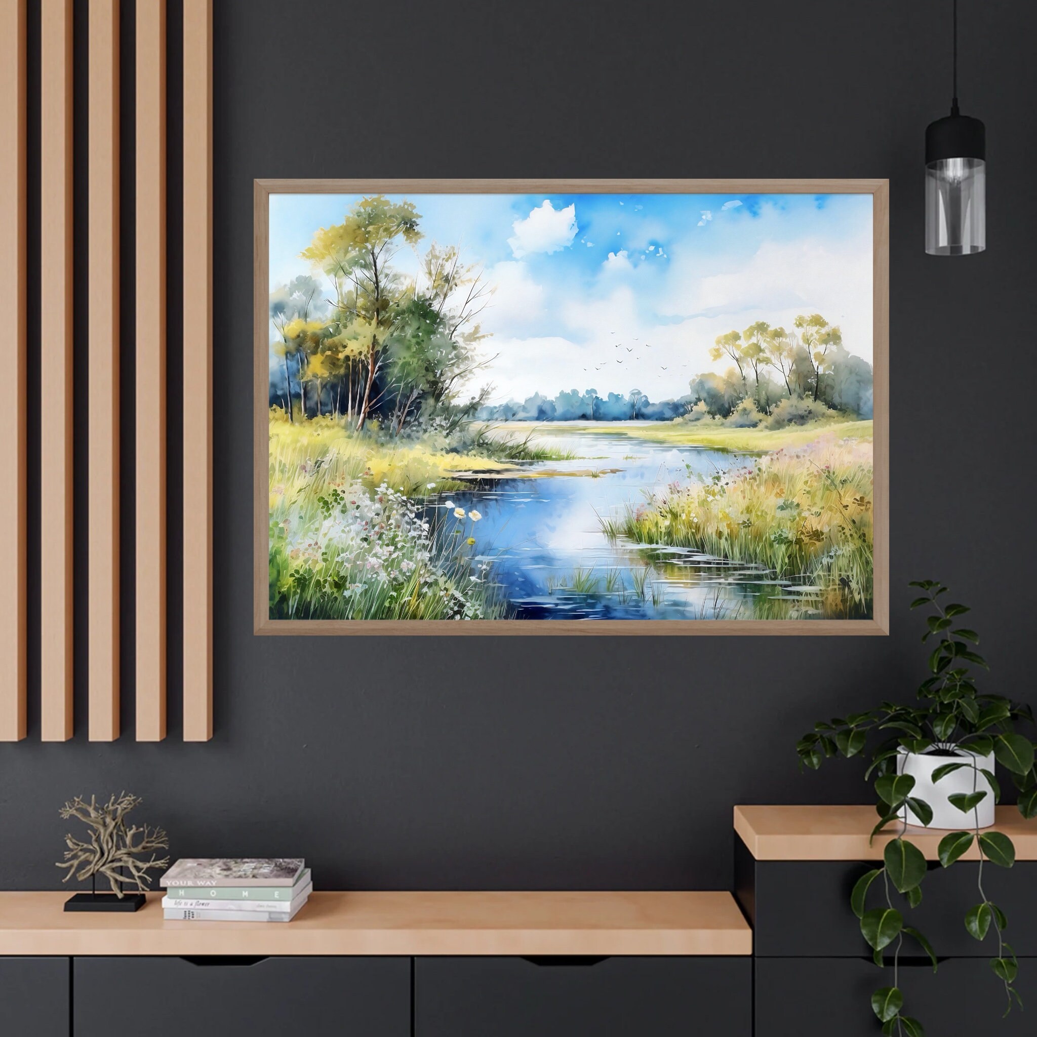 River Landscape Watercolor Print: Panoramic Greenery Art - Etsy