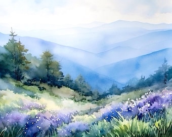 Blue Ridge Mountains Painting Blue Ridge Parkway Watercolor Art Print North Carolina Landscape Wall Art Moutain Forest Artwork Home Decor